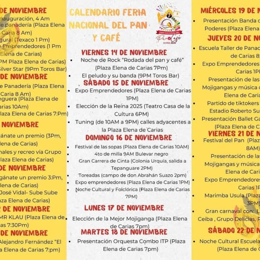 Calendario de la Feria Nacional del Pan y Café La Paz 2025