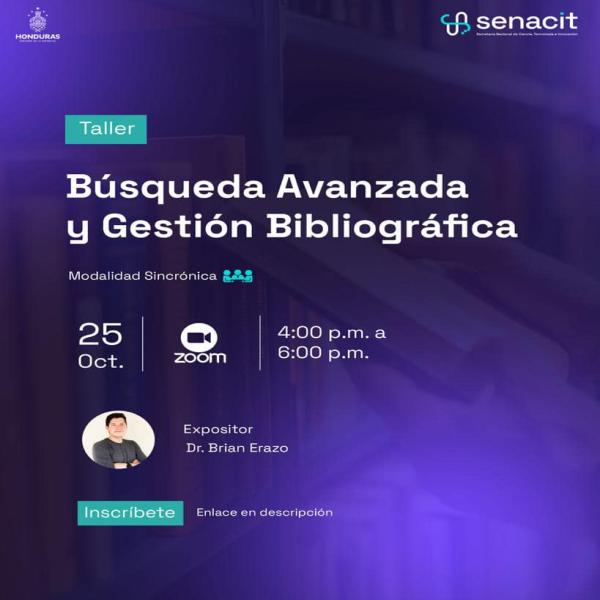 Atención, jóvenes investigadores! 📚🔍  Continuando con nuestro Programa de Formación de Investigadores Junior, les queremos invitar a un emocionante taller titulado:  “Búsqueda Avanzada y Gestión Bibliográfica".  Será una excelente oportunidad para adquirir habilidades fundamentales en este campo.  Aquí están los detalles del taller:  📅 Fecha: Miércoles 25 de octubre  ⏰ Hora: De 4:00 P.M. a 6:00 P.M.  🖥️ Modalidad: Sincrónica (conexión en línea)  🔗 Enlace de conexión: [https://us06web.zoom.us/j/86220730