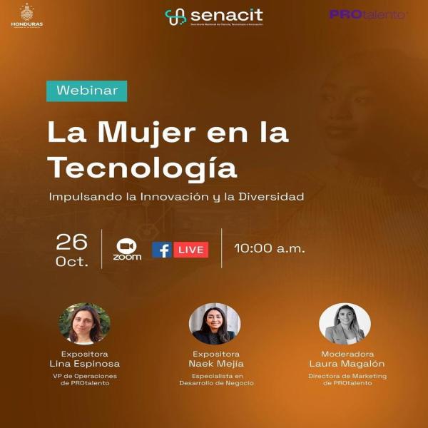 Senacit le está invitando a una reunión de Zoom programada.  Tema: Webinar: Mujeres en la Tecnología: Impulsando la Innovación y la Diversidad Hora: 26 oct 2023 10:00 a. m. Tegucigalpa  Entrar Zoom Reunión https://us06web.zoom.us/j/82192514618?pwd=dY54QdzDRNyTFbvTkIgxbQlVolVZlo.1  ID de reunión: 821 9251 4618 Código de acceso: 591883