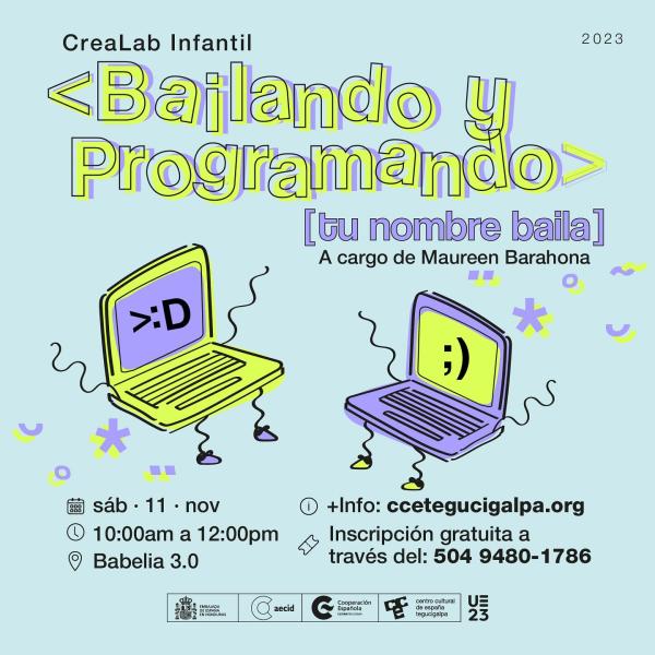 Hacé bailar las letras de tu nombre mientras programás junto a Maureen Barahona en una nueva edición de Crealab. 👩🏻‍💻  🎫Inscipción gratis.  🔭En este interesantísimo taller tus niños y niñas aprenderán la magia de la programación sin necesidad de conocimientos previos.  🧑🏻‍💻👩🏻‍🔬Por medio de juegos y divertidas actividades se instruirán a las personas en conceptos básicos y fundamentales mientras dan vida a las letras de sus nombres.  🧪¿El resultado?  Las letras de los nombres de cada peque reprod