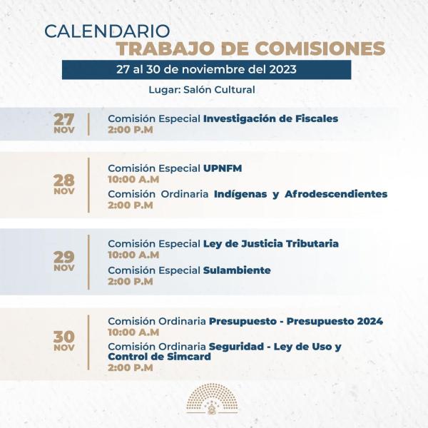Congreso Nacional: Calendario de Trabajo de Comisiones del 27 al 30 nov 2023 