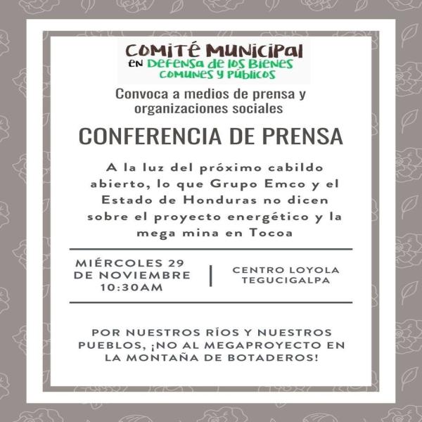 Convocatoria Medios TGU: Proyecto energético y la maga mina en Tocoa 