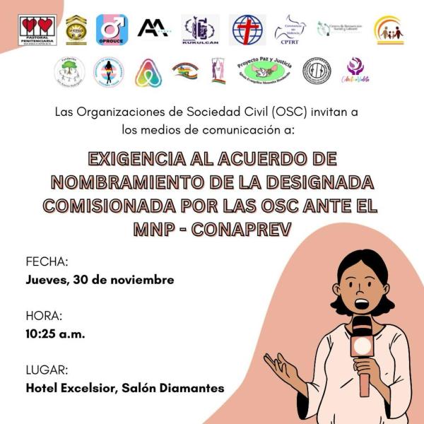Invitación a la prensa: Exigencia al acuerdo de nombramiento de la designada comisionada por las OSC ante el MNP-CONAPREV 