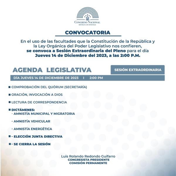 Convocatoria a sesión extraordinaria Congreso Nacional 