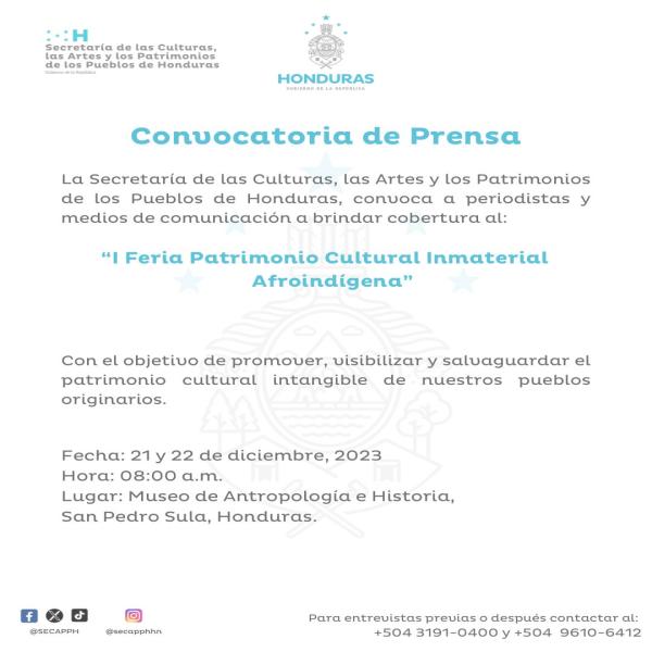 Conferencia de Prensa: Primera feria "Patrimonio Cultural Inmaterial Afroindígena Honduras 2023”