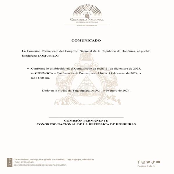 Comisión Permanente del Congreso Nacional convoca a conferencia de prensa 