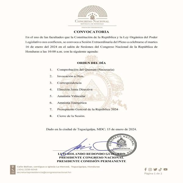 Sesión Extraordinaria Congreso Nacional 