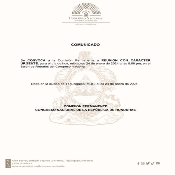 Convocatoria de Prensa: Comisión Permanente del Congreso Nacional se reunirá con carácter de emergencia 