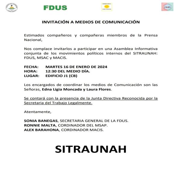 Convocatoria Prensa: Asamblea informativa movimientos internos SITRAUNAH: FDUS, MSAC y MACIS