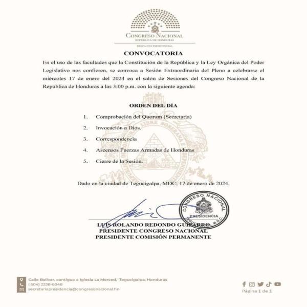 Convocatoria a Sesión Extraordinaria Congreso Nacional 