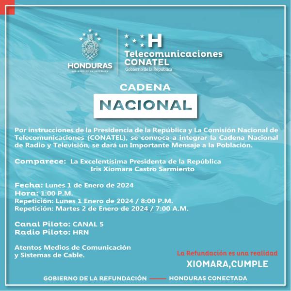 Cadena Nacional: Comparece: La Excelentísima presidenta Xiomara Castro 