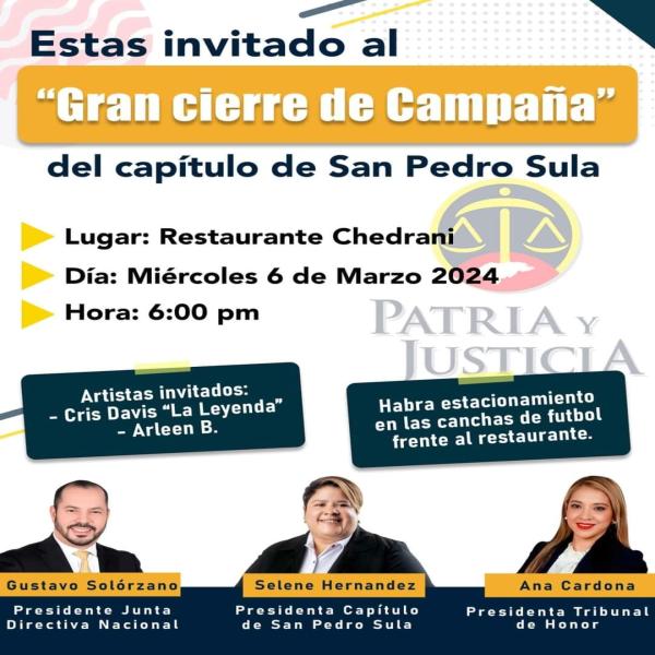 Invitación Prensa: Gran cierre de campaña – capítulo SPS: Gustavo Solórzano – CAH 