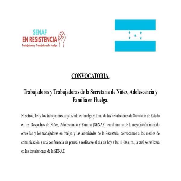 Convocatoria de Prensa: Empleados entregaran instalaciones de la SENAF 