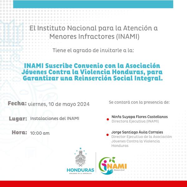 INAMI suscribe convenio con la Asociación Jóvenes contra la Violencia en Honduras 