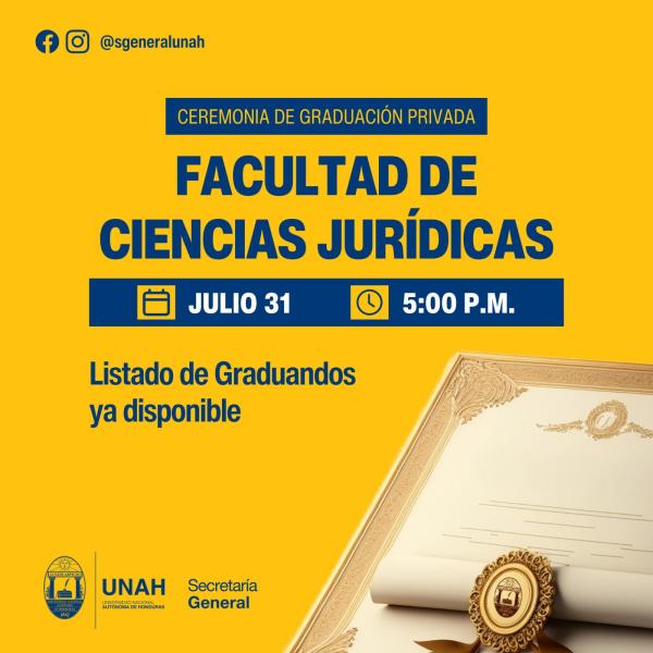 Ceremonia de graduación privada para egresados de la Facultad de Ciencias Jurídicas