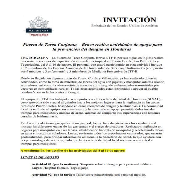 Fuerza de Tarea Conjunta Bravo realiza actividades de prevención contra el dengue en Honduras 