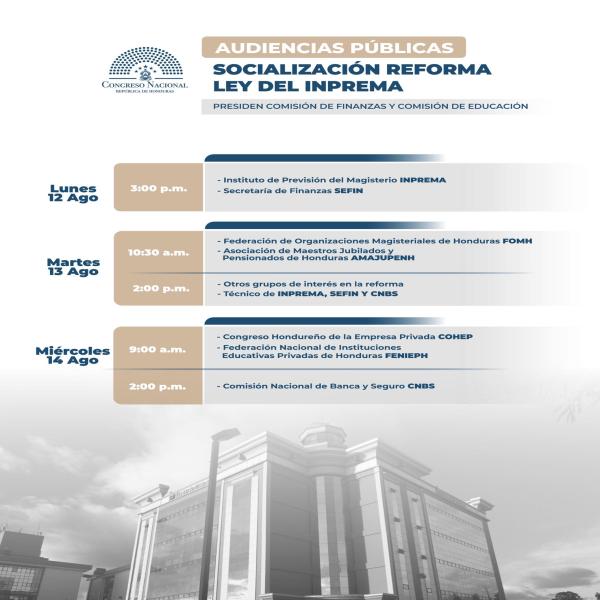 Calendario de las audiencias públicas para socializar la nueva Ley de INPREMA