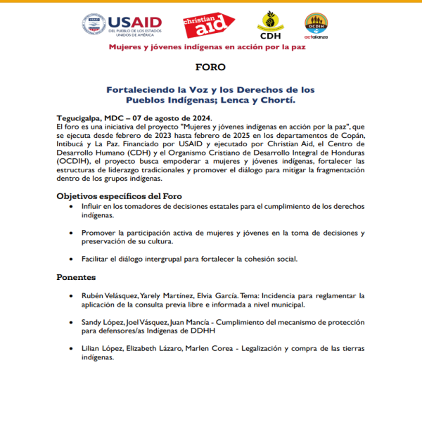 Foro: Fortaleciendo la voz y los derechos de los Pueblos Indígenas; Lencas y Chortí 