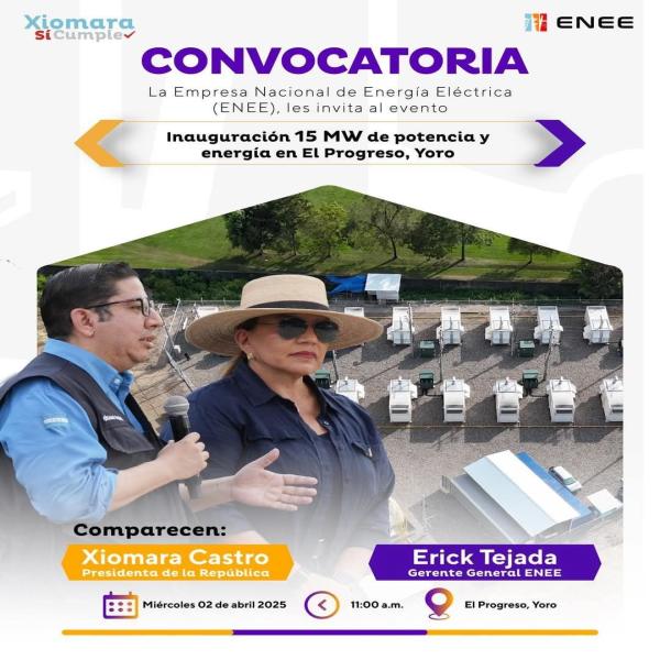 ENEE: Inauguración 15 MW de potencia y energía en el Progreso, Yoro 