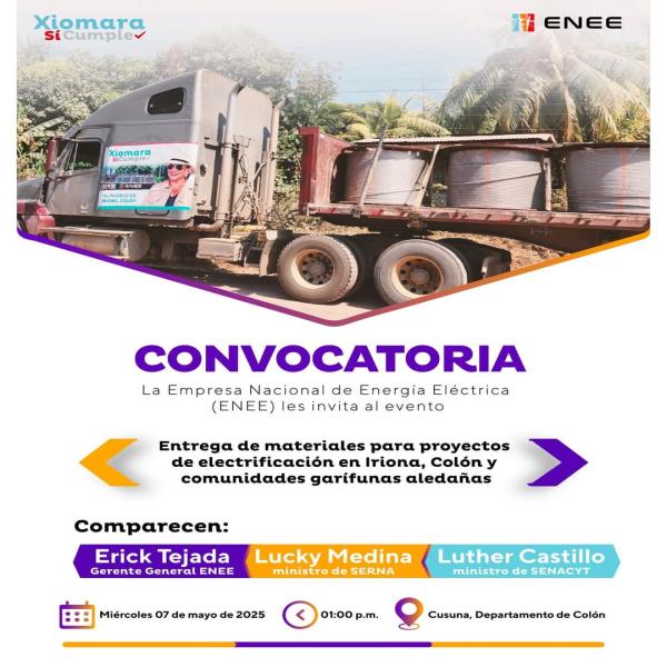 ENEE: Entrega de materiales para proyectos de electrificación – Colón 