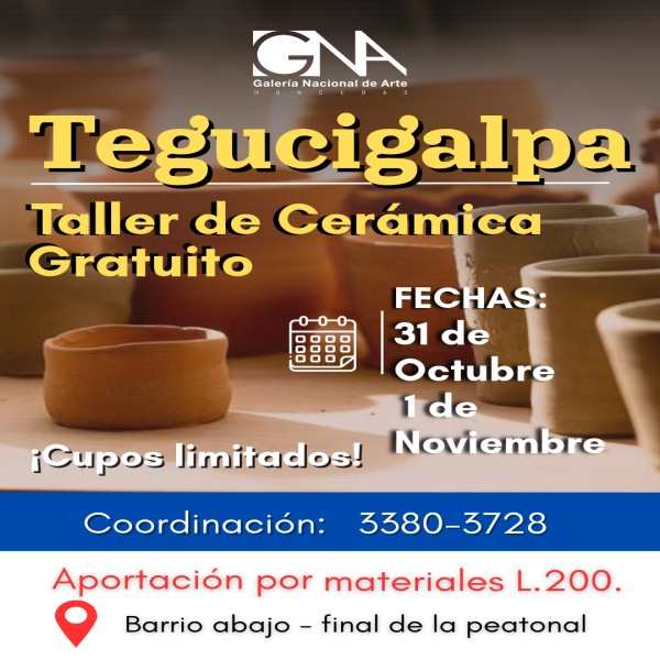 Taller de Cerámica el 31 de Octubre y el 1 de Noviembre del 2026, mediante WhatsApp 3380-3728 apartar cupos